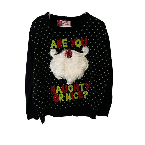 Merry Christmas Ugly Sweater Are You Naughty Or Nice Black 3D Fur Santa Beard - Picture 9 of 9
